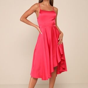 NWT! Lulus Days Like Today Magenta Satin Asymmetrical Tie-back Midi Dress Pink